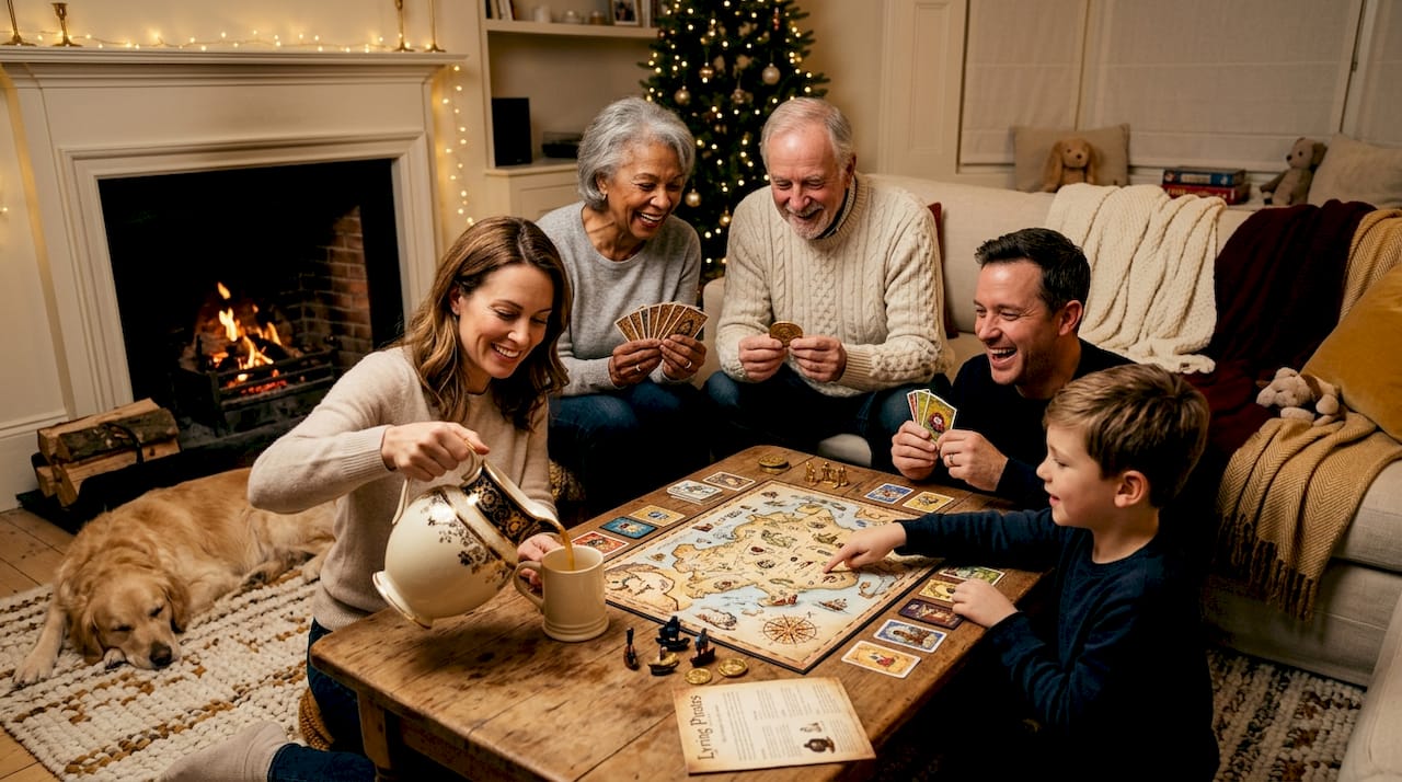 Family playing holiday board game in cozy living room