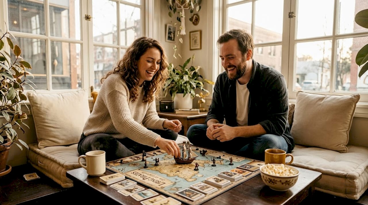 Friends playing pirate board game in living room
