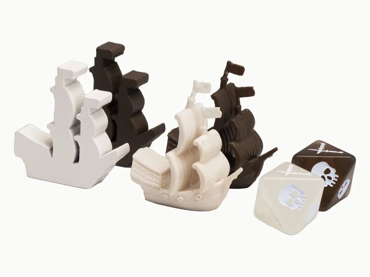 The 8-Player Components: white and brown wooden ships, white and brown miniature ships and two battle dice