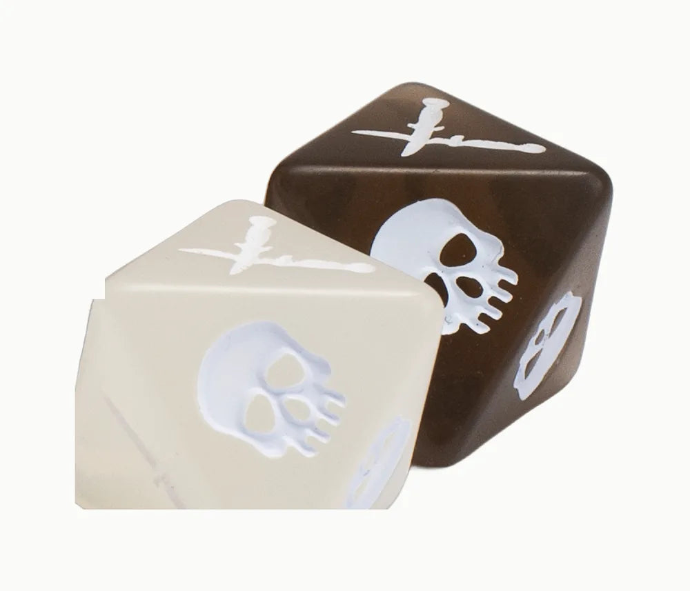 A white and a brown battle die