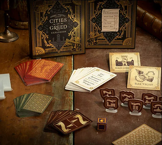 The Watchtower and Bar Fight tiles next to cards and standees