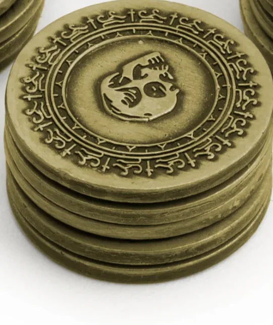 A close-up of a stack of gold coins