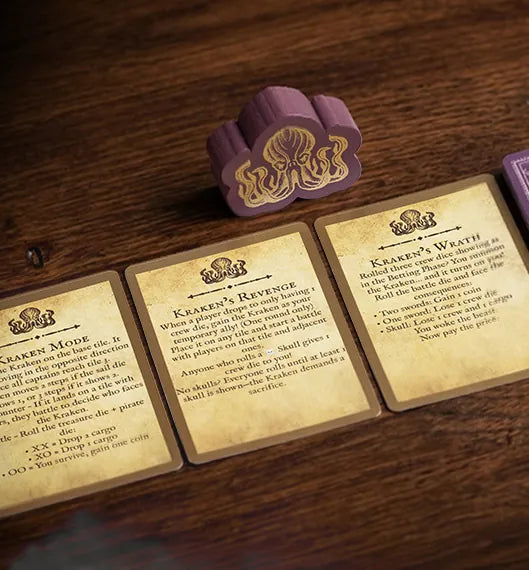 The purple wooden Kraken figure next to its three Variant cards on a wooden table